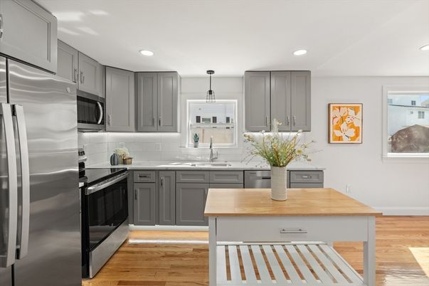 Interior, Kitchen, Pendant Lights, Recessed Lighting, Stainless Steel Appliances, Wood Texture Flooring