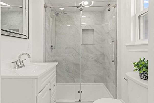 Bathroom, Glass Shower, Interior, Marble Walls, Recessed Lighting