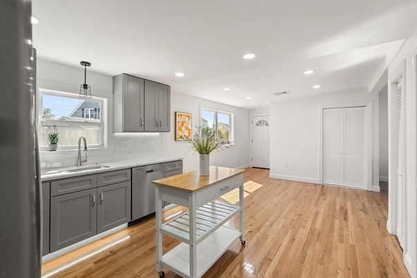 Interior, Kitchen, Pendant Lights, Recessed Lighting, Stainless Steel Appliances, Wood Texture Flooring