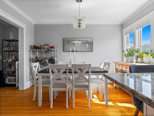 Dining room, Interior, Pendant Lights, Wood Texture Flooring