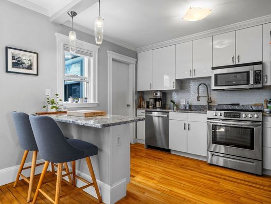 Interior, Kitchen, Pendant Lights, Stainless Steel Appliances, Wood Texture Flooring