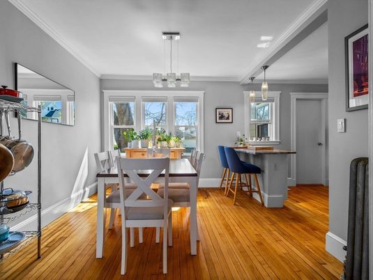 Dining room, Interior, Pendant Lights, Wood Texture Flooring
