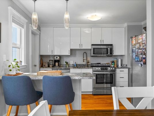 Interior, Kitchen, Pendant Lights, Stainless Steel Appliances, Wood Texture Flooring