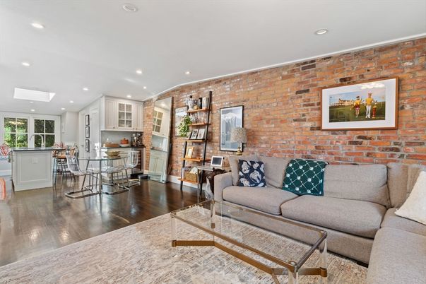 Interior, Kitchen, Living room, Recessed Lighting, Stone Walls, Wood Texture Flooring
