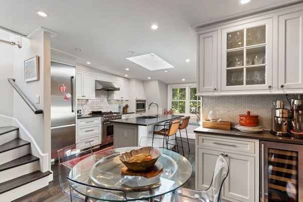 Dining room, Interior, Kitchen, Recessed Lighting, Stainless Steel Appliances, Wood Texture Flooring