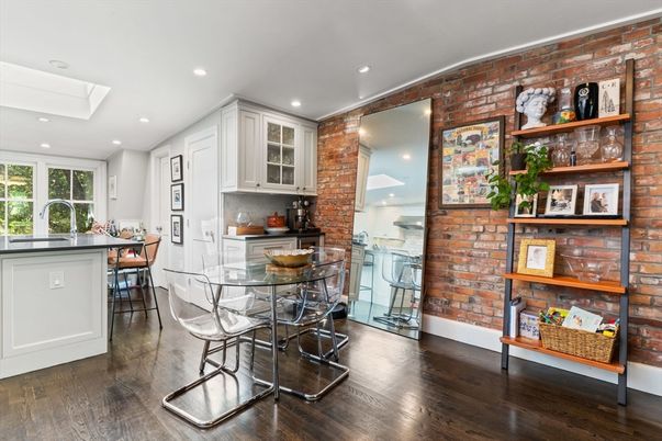Dining room, Interior, Kitchen, Recessed Lighting, Stone Walls, Wood Texture Flooring