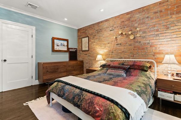 Bedroom, Interior, Recessed Lighting, Stone Walls, Wood Texture Flooring