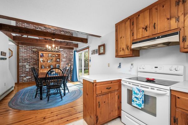 Chandelier, Dining room, Interior, Kitchen, Stone Walls, Wooden Beams, Wood Texture Flooring