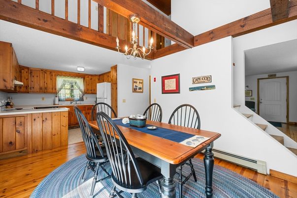 Chandelier, Dining room, Interior, Kitchen, Wooden Beams, Wood Texture Flooring