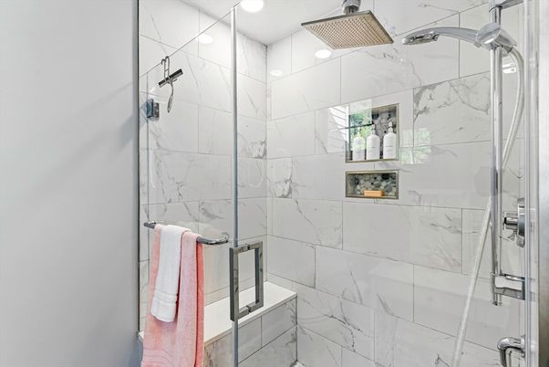 Bathroom, Glass Shower, Interior, Marble Walls, Recessed Lighting