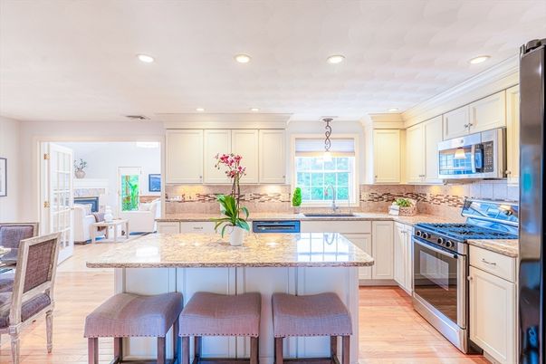 Fireplace, Interior, Kitchen, Pendant Lights, Recessed Lighting, Stainless Steel Appliances, Wood Texture Flooring