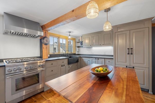 Dining room, Fireplace, Interior, Kitchen, Pendant Lights, Wood Texture Flooring