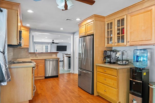 Interior, Kitchen, Recessed Lighting, Stainless Steel Appliances, Wood Texture Flooring