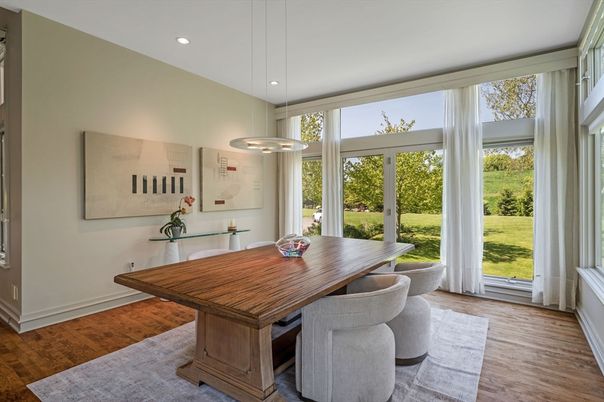 Dining room, Interior, Pendant Lights, Recessed Lighting, Wood Texture Flooring