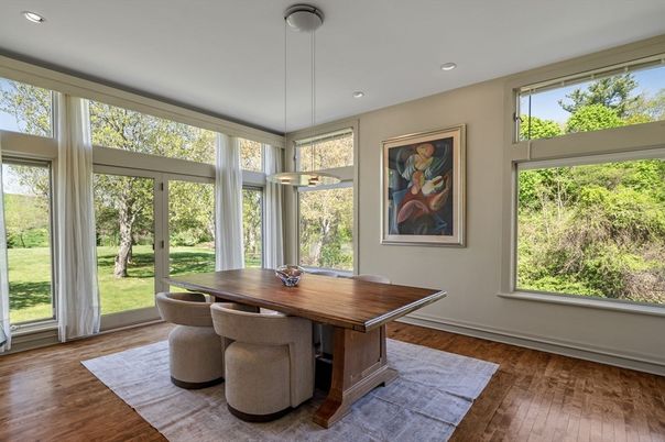 Dining room, Interior, Pendant Lights, Recessed Lighting, Wood Texture Flooring