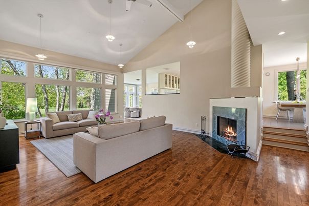 Fireplace, Interior, Living room, Pendant Lights, Recessed Lighting, Wood Texture Flooring