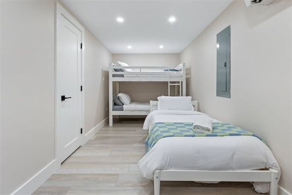 Bedroom, Interior, Recessed Lighting, Wood Texture Flooring