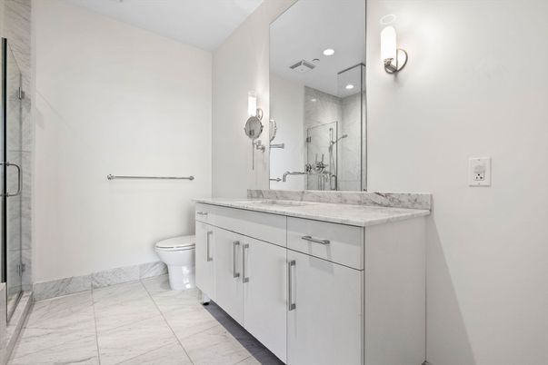 Bathroom, Dual Sink Vanities, Interior, Marble, Recessed Lighting
