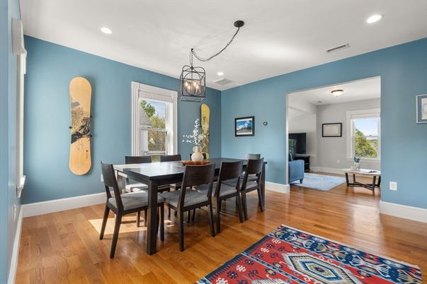 Dining room, Interior, Pendant Lights, Recessed Lighting, Wood Texture Flooring