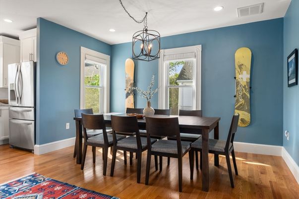 Dining room, Interior, Pendant Lights, Recessed Lighting, Wood Texture Flooring