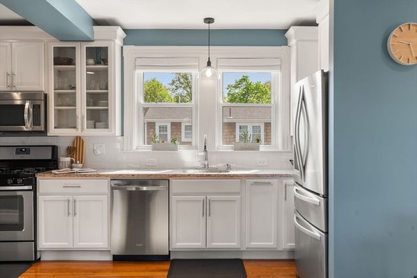 Interior, Kitchen, Pendant Lights, Stainless Steel Appliances, Wood Texture Flooring