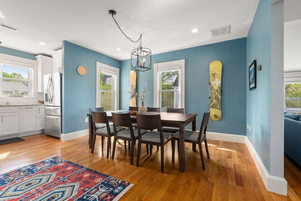 Dining room, Interior, Kitchen, Pendant Lights, Recessed Lighting, Wood Texture Flooring