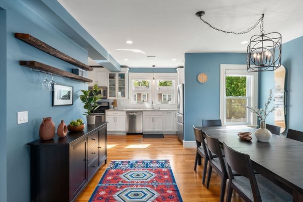 Dining room, Interior, Kitchen, Pendant Lights, Recessed Lighting, Wood Texture Flooring