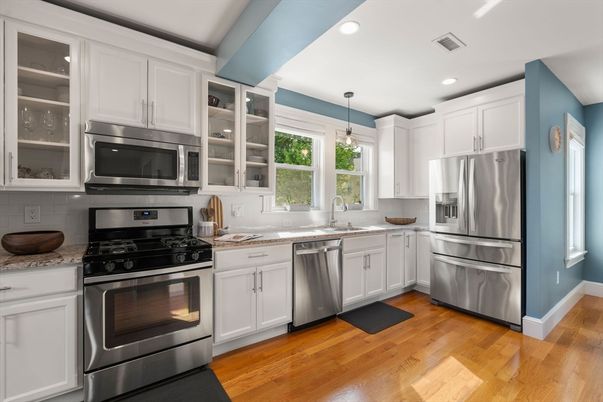 Interior, Kitchen, Pendant Lights, Recessed Lighting, Stainless Steel Appliances, Wood Texture Flooring