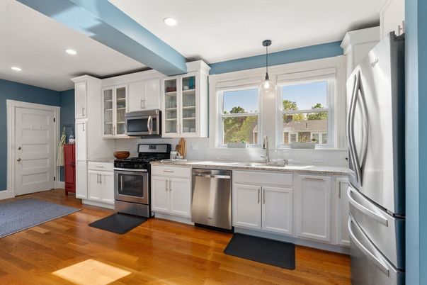 Interior, Kitchen, Pendant Lights, Recessed Lighting, Stainless Steel Appliances, Wood Texture Flooring