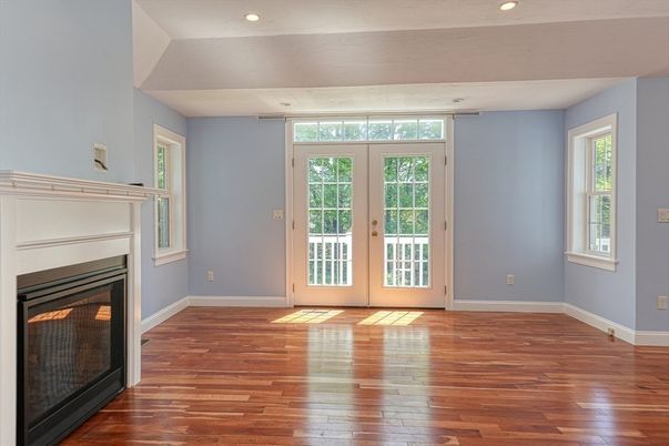 Empty room, Fireplace, Interior, Recessed Lighting, Wood Texture Flooring