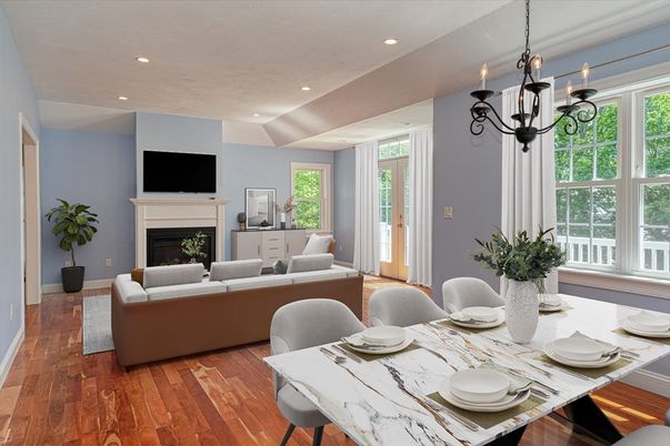 Chandelier, Dining room, Fireplace, Interior, Living room, Recessed Lighting, Wood Texture Flooring