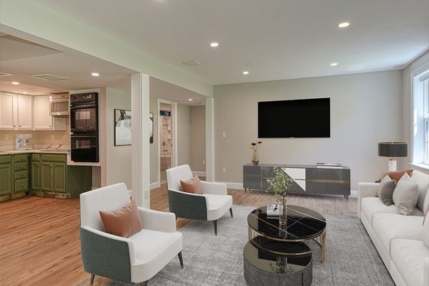 Interior, Kitchen, Living room, Recessed Lighting, Stainless Steel Appliances, Wood Texture Flooring