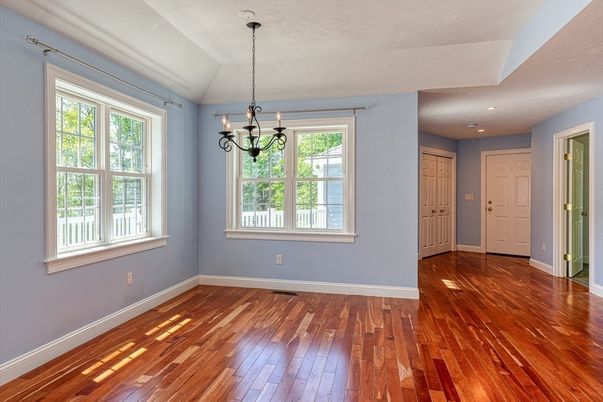 Chandelier, Empty room, Interior, Pendant Lights, Recessed Lighting, Wood Texture Flooring