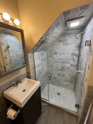 Bathroom, Glass Shower, Interior, Stone Walls, Wood Texture Flooring