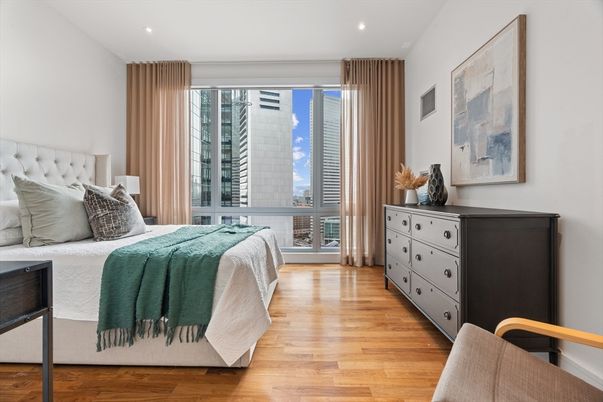 Bedroom, Interior, Recessed Lighting, Wood Texture Flooring