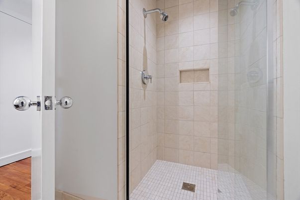 Bathroom, Glass Shower, Interior, Wood Texture Flooring