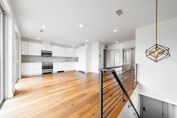 Interior, Kitchen, Pendant Lights, Recessed Lighting, Stainless Steel Appliances, Wood Texture Flooring