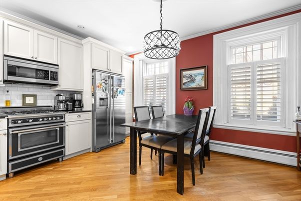 Dining room, Interior, Kitchen, Pendant Lights, Stainless Steel Appliances, Wood Texture Flooring