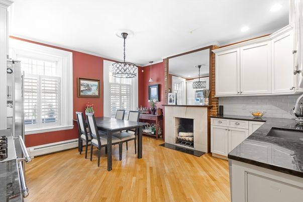 Dining room, Fireplace, Interior, Kitchen, Pendant Lights, Recessed Lighting, Wood Texture Flooring