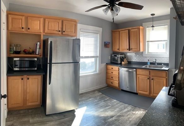 Interior, Kitchen, Pendant Lights, Stainless Steel Appliances, Wood Texture Flooring