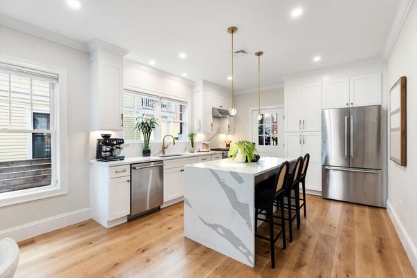 Interior, Kitchen, Pendant Lights, Recessed Lighting, Stainless Steel Appliances, Wood Texture Flooring