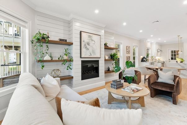 Dining room, Fireplace, Interior, Living room, Pendant Lights, Recessed Lighting, Wood Texture Flooring
