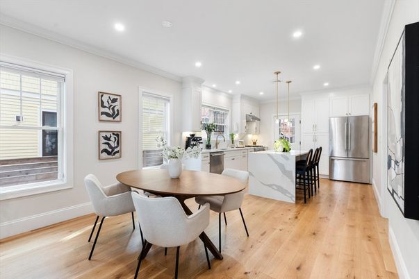 Dining room, Interior, Kitchen, Pendant Lights, Recessed Lighting, Stainless Steel Appliances, Wood Texture Flooring