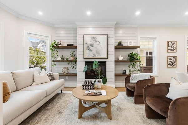 Fireplace, Interior, Living room, Recessed Lighting, Wood Texture Flooring