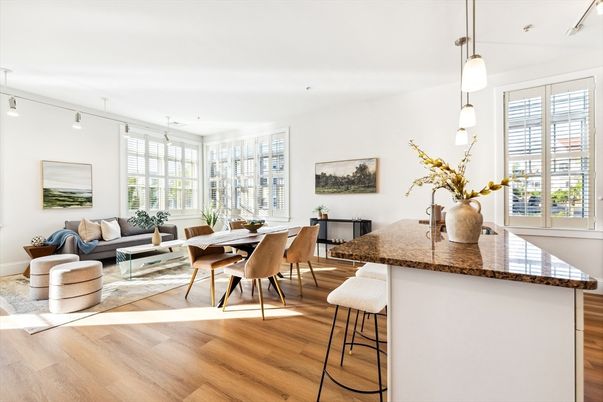 Dining room, Interior, Living room, Pendant Lights, Wood Texture Flooring