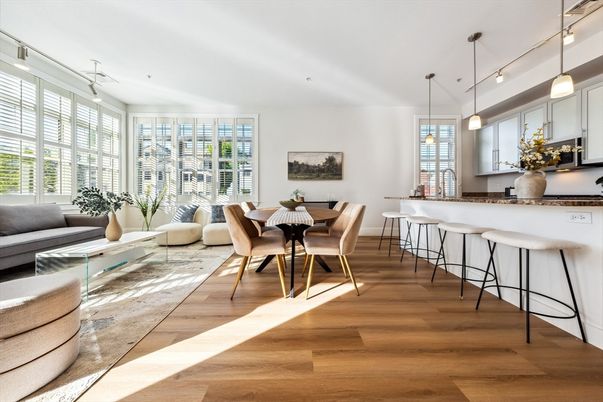 Dining room, Interior, Living room, Pendant Lights, Wood Texture Flooring