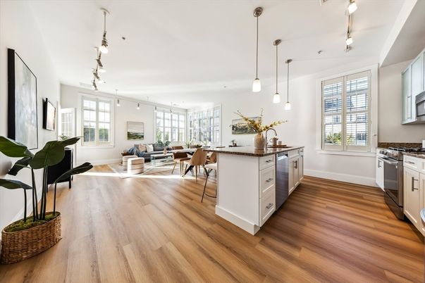 Dining room, Interior, Kitchen, Living room, Pendant Lights, Wood Texture Flooring