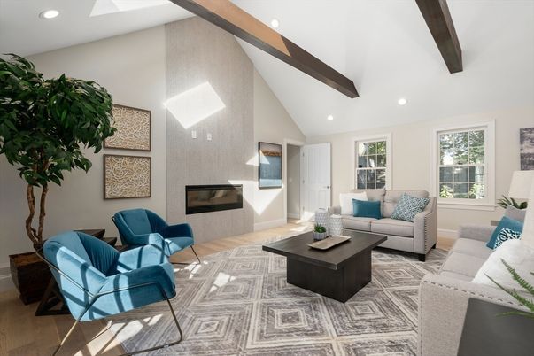 Fireplace, Interior, Living room, Recessed Lighting, Wooden Beams, Wood Texture Flooring