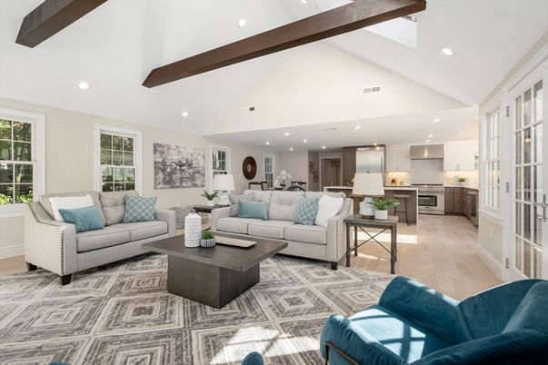 Interior, Kitchen, Living room, Recessed Lighting, Stainless Steel Appliances, Wooden Beams, Wood Texture Flooring