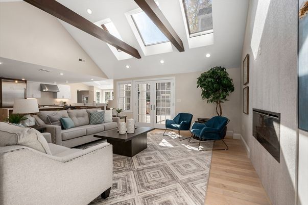 Fireplace, Interior, Kitchen, Living room, Recessed Lighting, Stainless Steel Appliances, Wooden Beams, Wood Texture Flooring